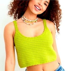 Women Aerie Citrus Green Crochet Knit Crop Cami Top XS Festival Boho Acid Fairy